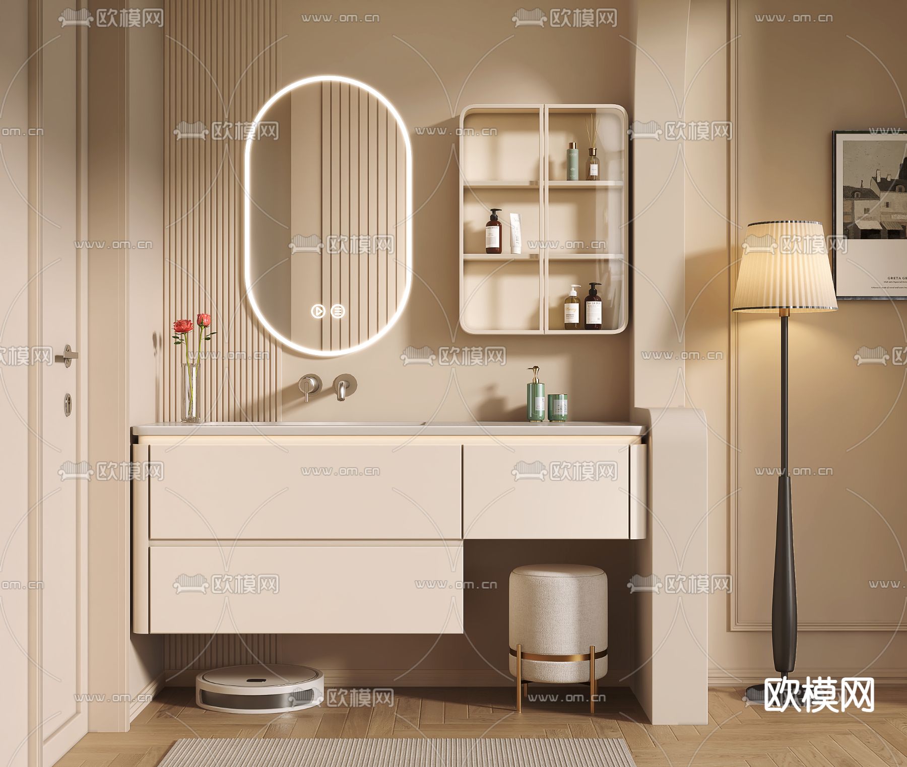 奶油风浴室柜 洗手柜su模型下载（渲染图2）
