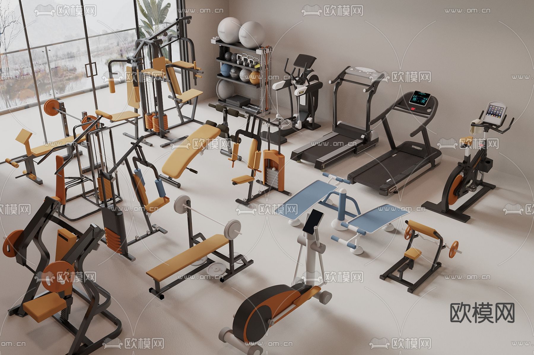 健身器材 跑步机 哑铃 举重器3d模型下载