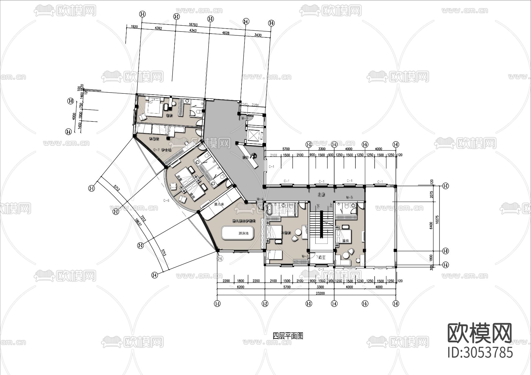 1500㎡三层妇产月子中心cad平面图下载（渲染图3）