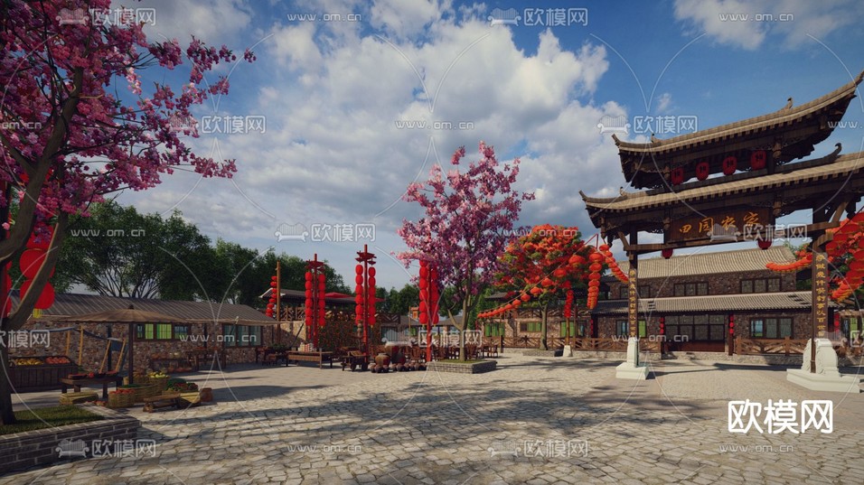 中式网红摊位 国潮市集 古镇老街集su模型下载(渲染图2)