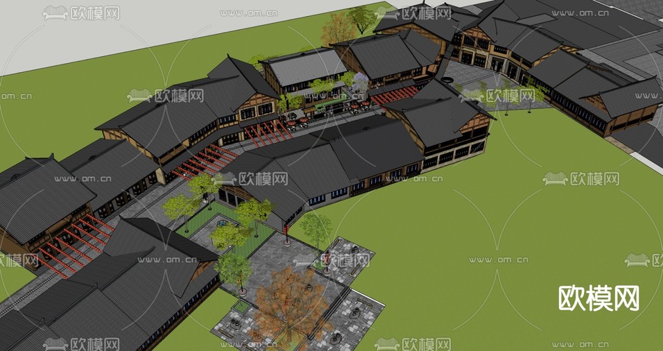 中式网红摊位 国潮市集 古镇老街集su模型下载(渲染图4)