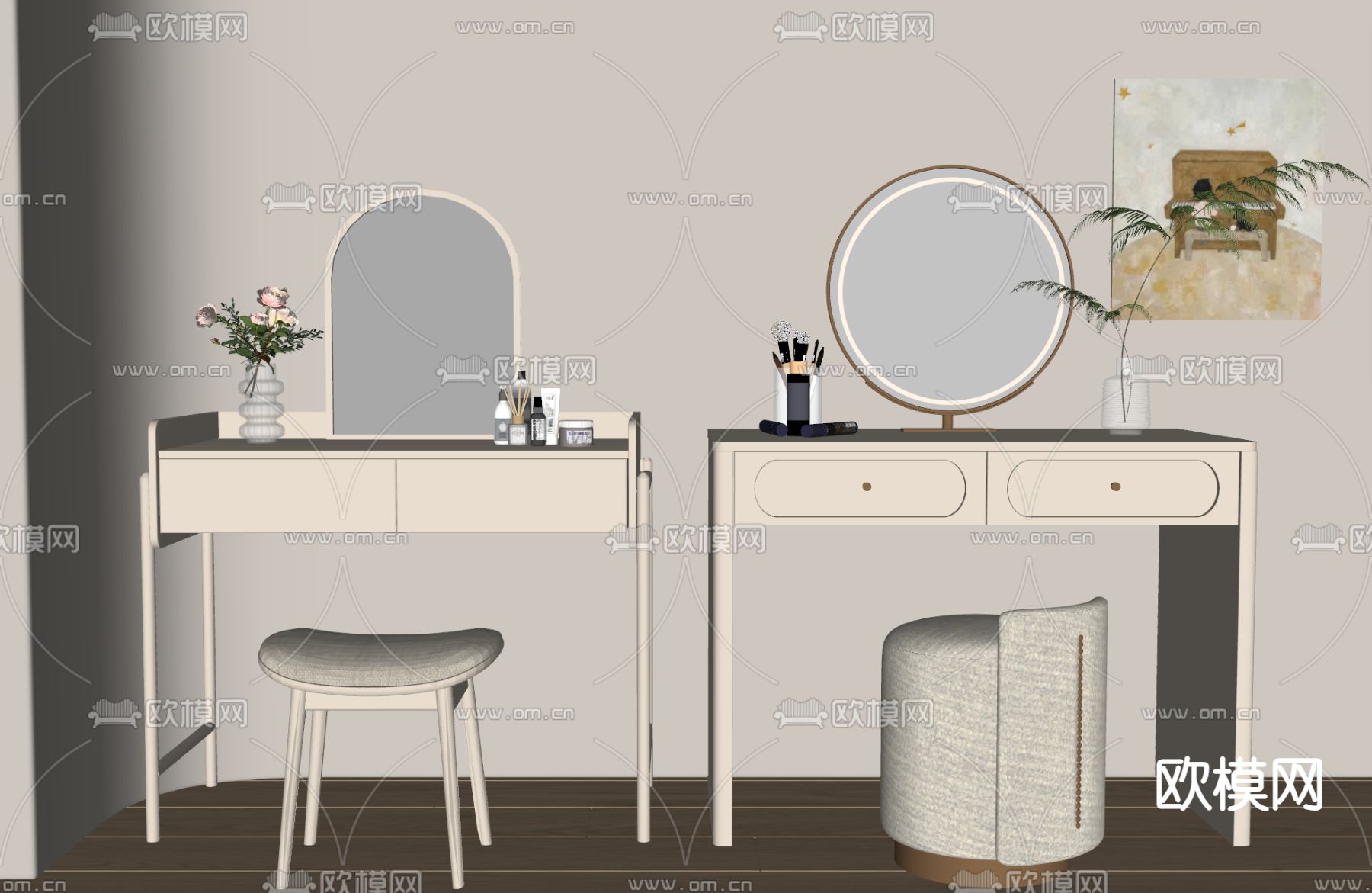 奶油风梳妆台 妆凳su模型下载（渲染图2）