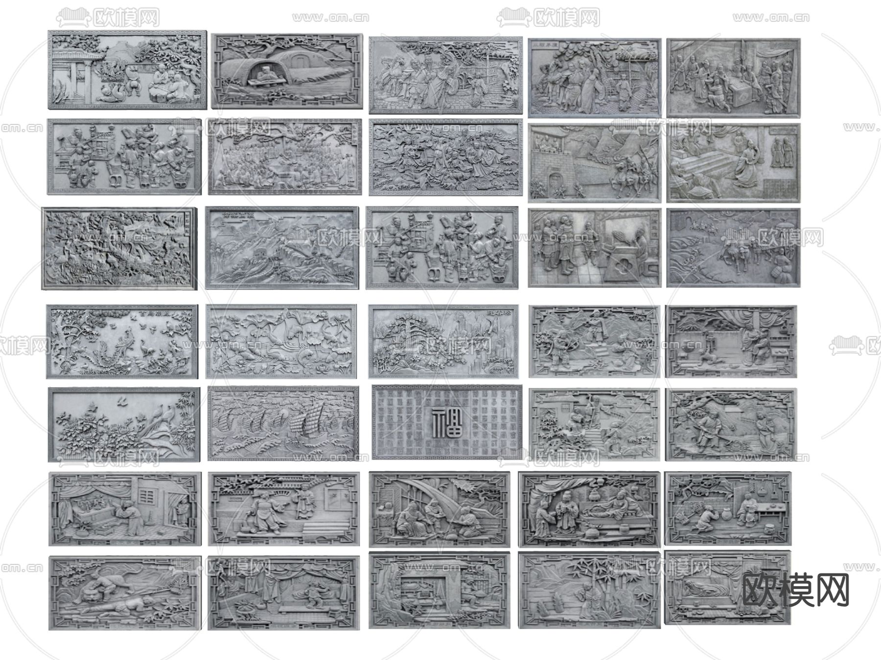 中式浮雕景墙 石雕 砖雕 壁刻画 雕花su模型下载