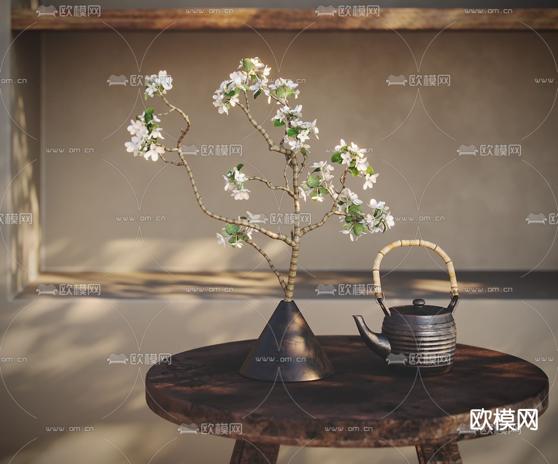 新中式干枝 花瓶 花艺 陶罐su模型下载（渲染图1）