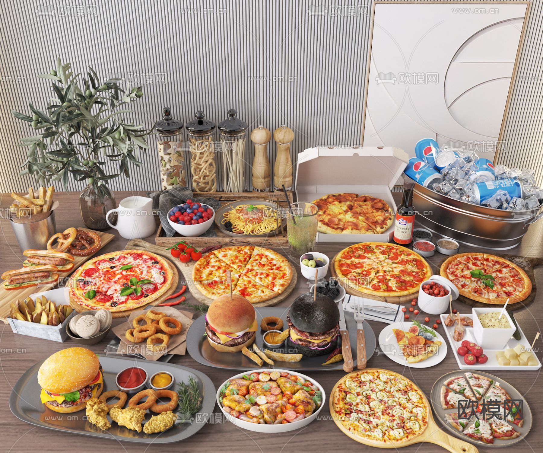熟食 披萨 意面 可乐 薯条 炸鸡 汉堡su模型下载（渲染图1）