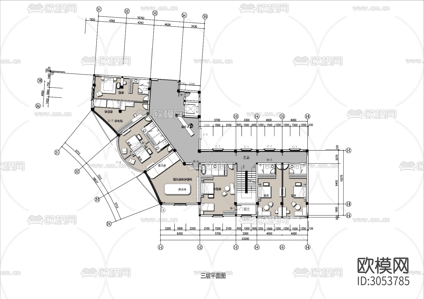 1500㎡三层妇产月子中心cad平面图下载（渲染图1）