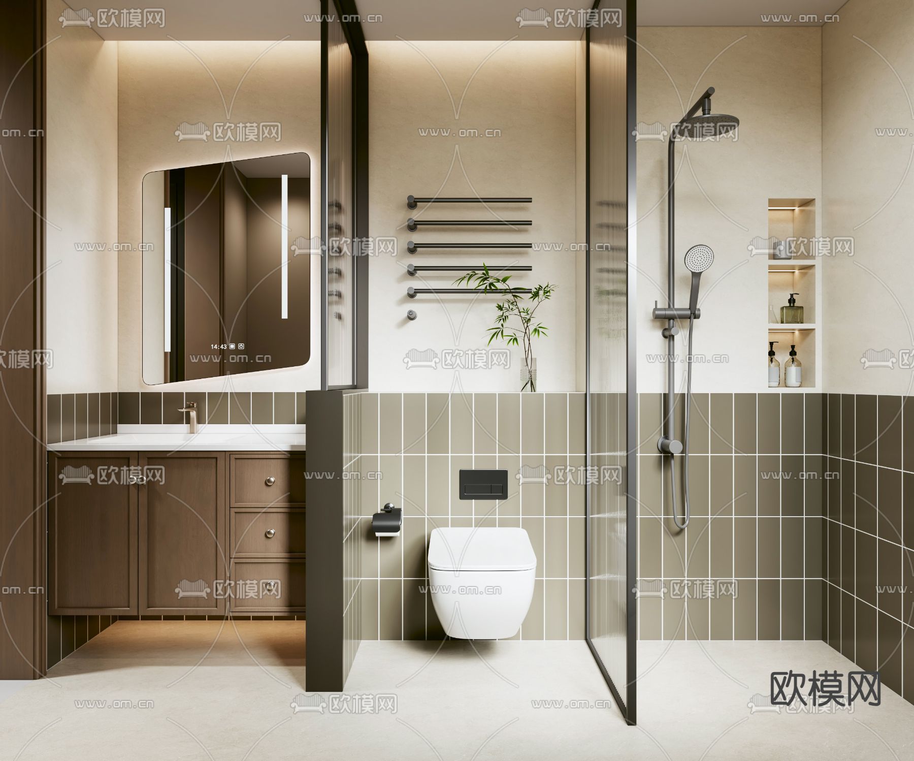 奶油风卫生间 浴室 洗手间su模型下载（渲染图1）