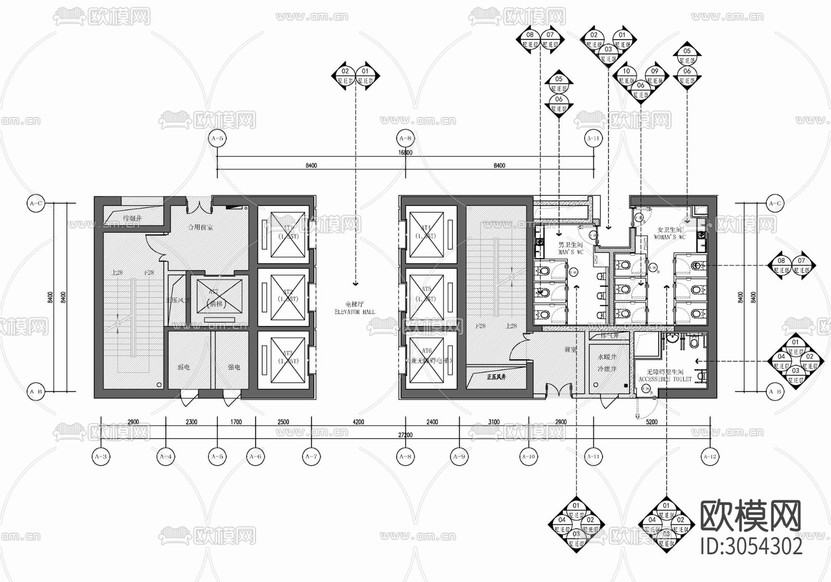 辦公樓大堂及公區(qū)電梯廳 大堂 電梯廳 公區(qū) 走道 衛(wèi)生cad施工圖下載(渲染圖4)