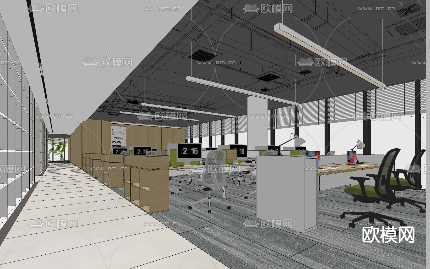 公共办公区 开放办公室su模型下载（渲染图2）