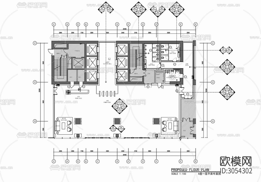辦公樓大堂及公區(qū)電梯廳 大堂 電梯廳 公區(qū) 走道 衛(wèi)生cad施工圖下載(渲染圖2)