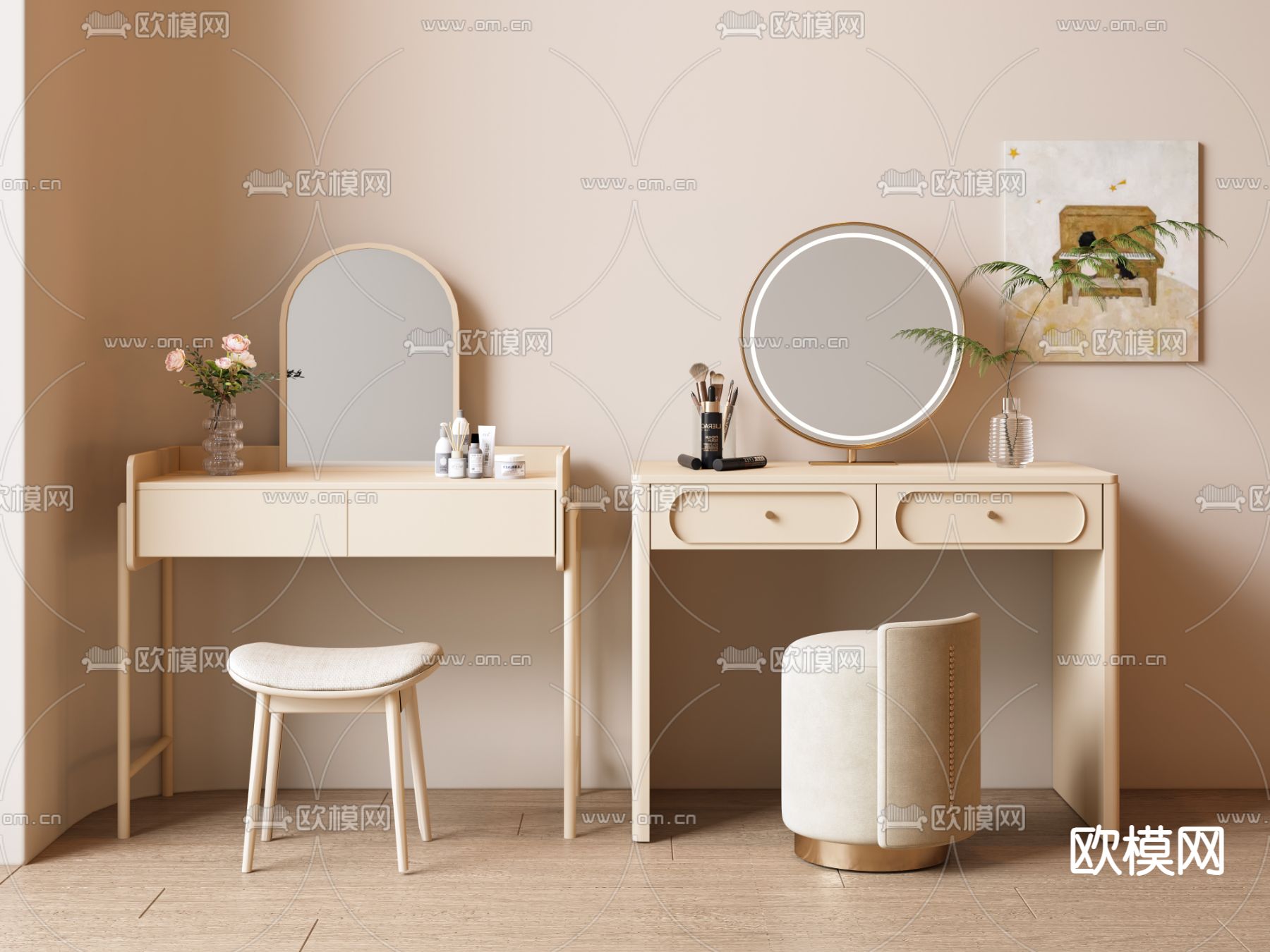 奶油风梳妆台 妆凳su模型下载（渲染图1）