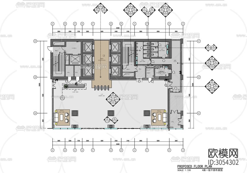 辦公樓大堂及公區(qū)電梯廳 大堂 電梯廳 公區(qū) 走道 衛(wèi)生cad施工圖下載(渲染圖1)