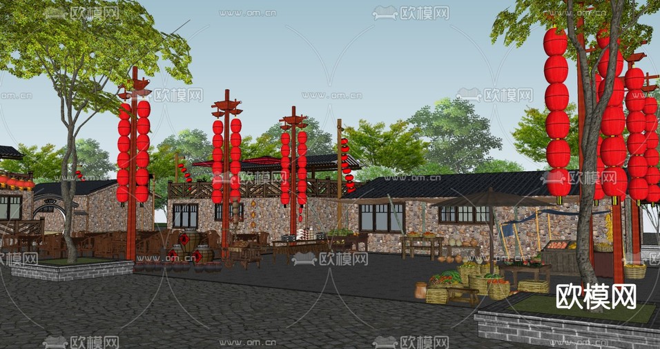 中式网红摊位 国潮市集 古镇老街集su模型下载(渲染图3)