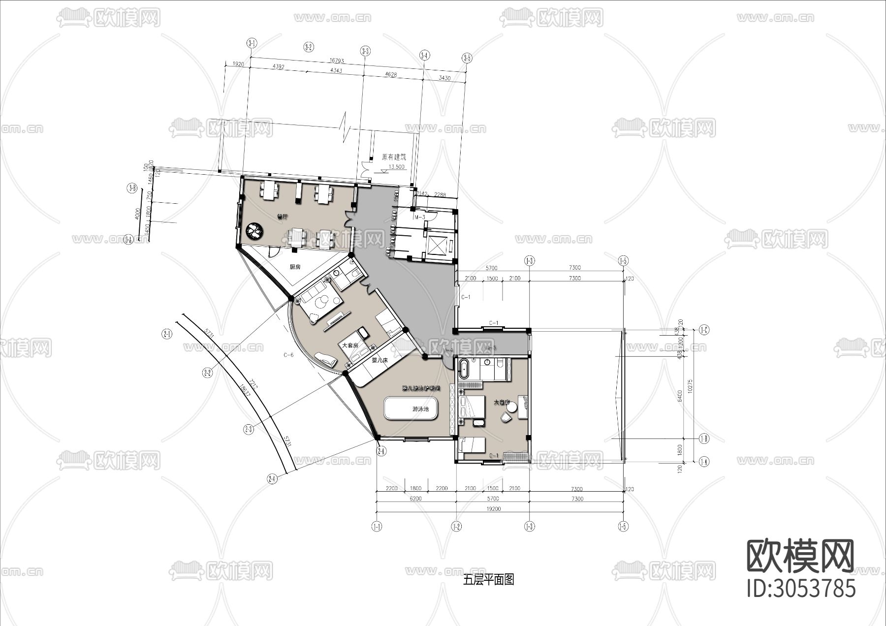 1500㎡三层妇产月子中心cad平面图下载（渲染图2）