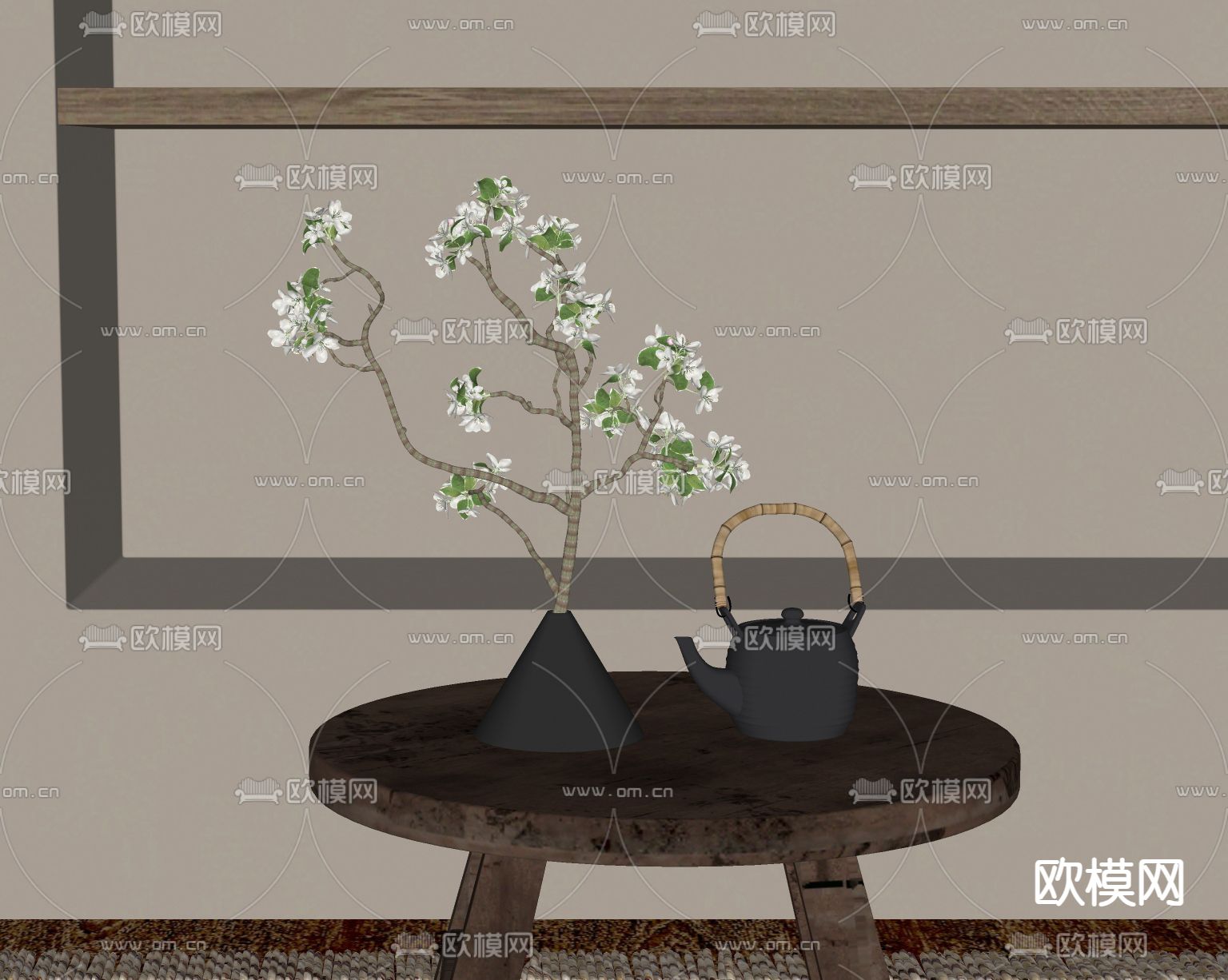 新中式干枝 花瓶 花艺 陶罐su模型下载（渲染图2）