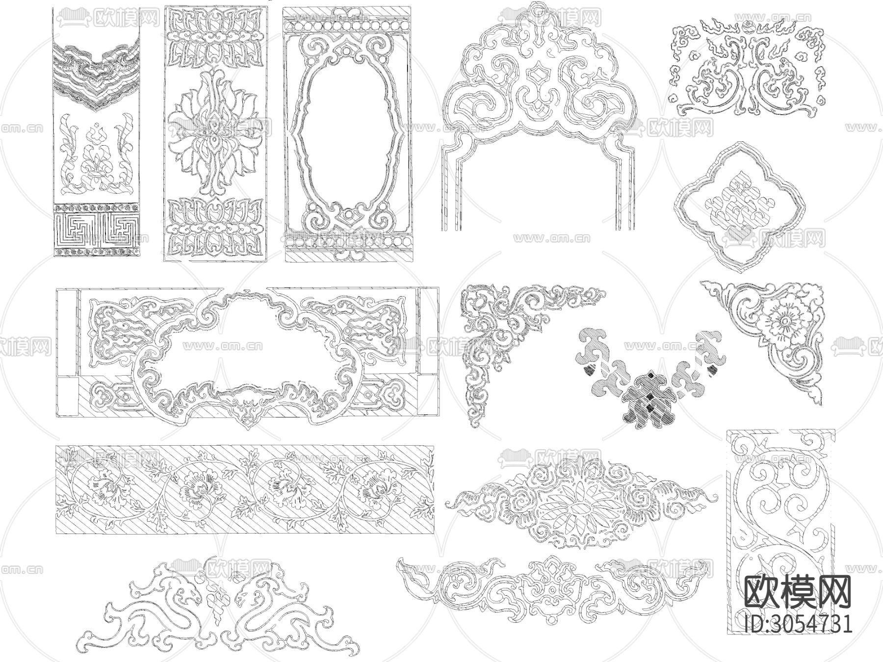 超全中式传统元素花纹雕花图案cad图库下载（渲染图10）