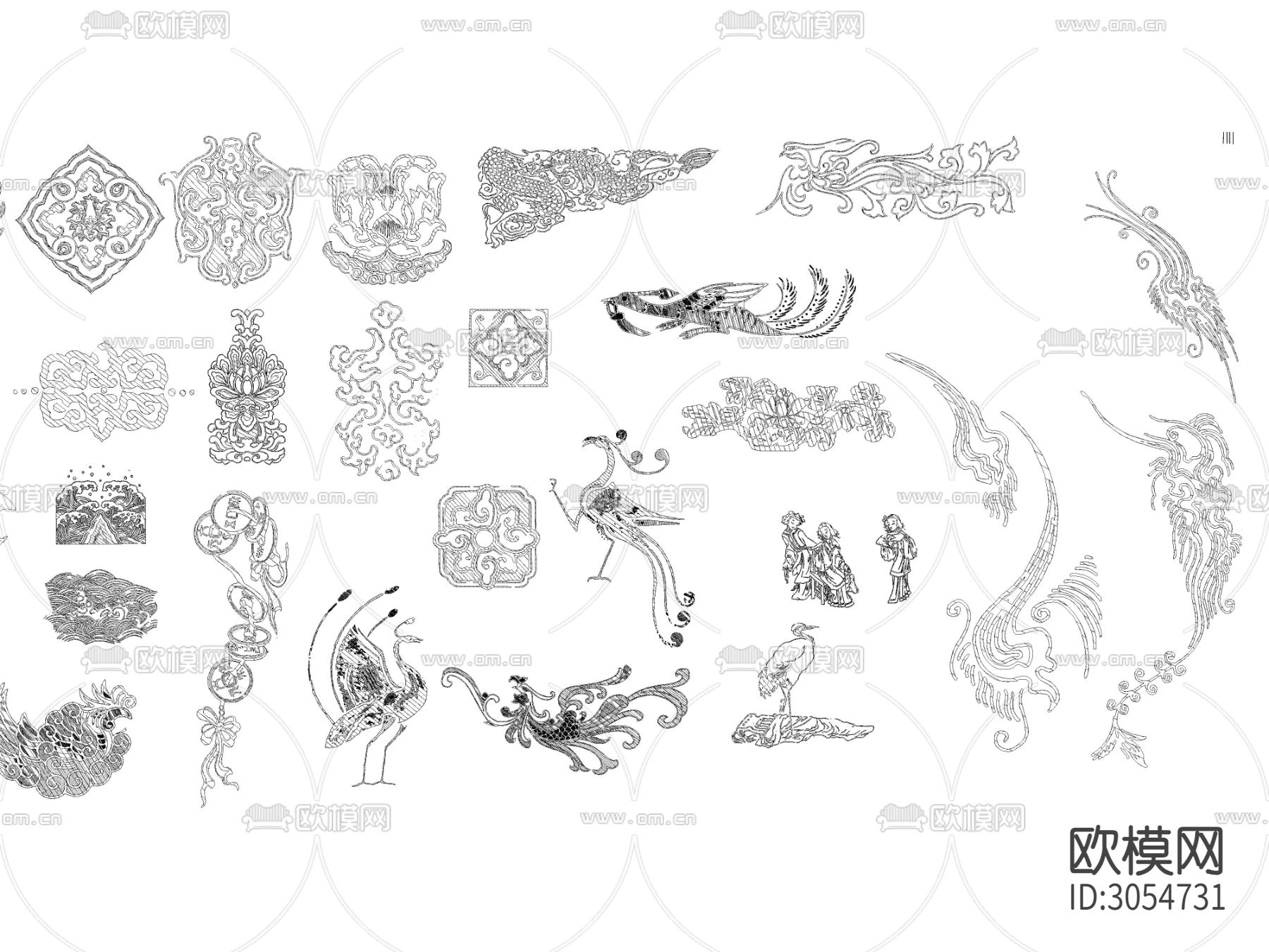 超全中式传统元素花纹雕花图案cad图库下载（渲染图3）