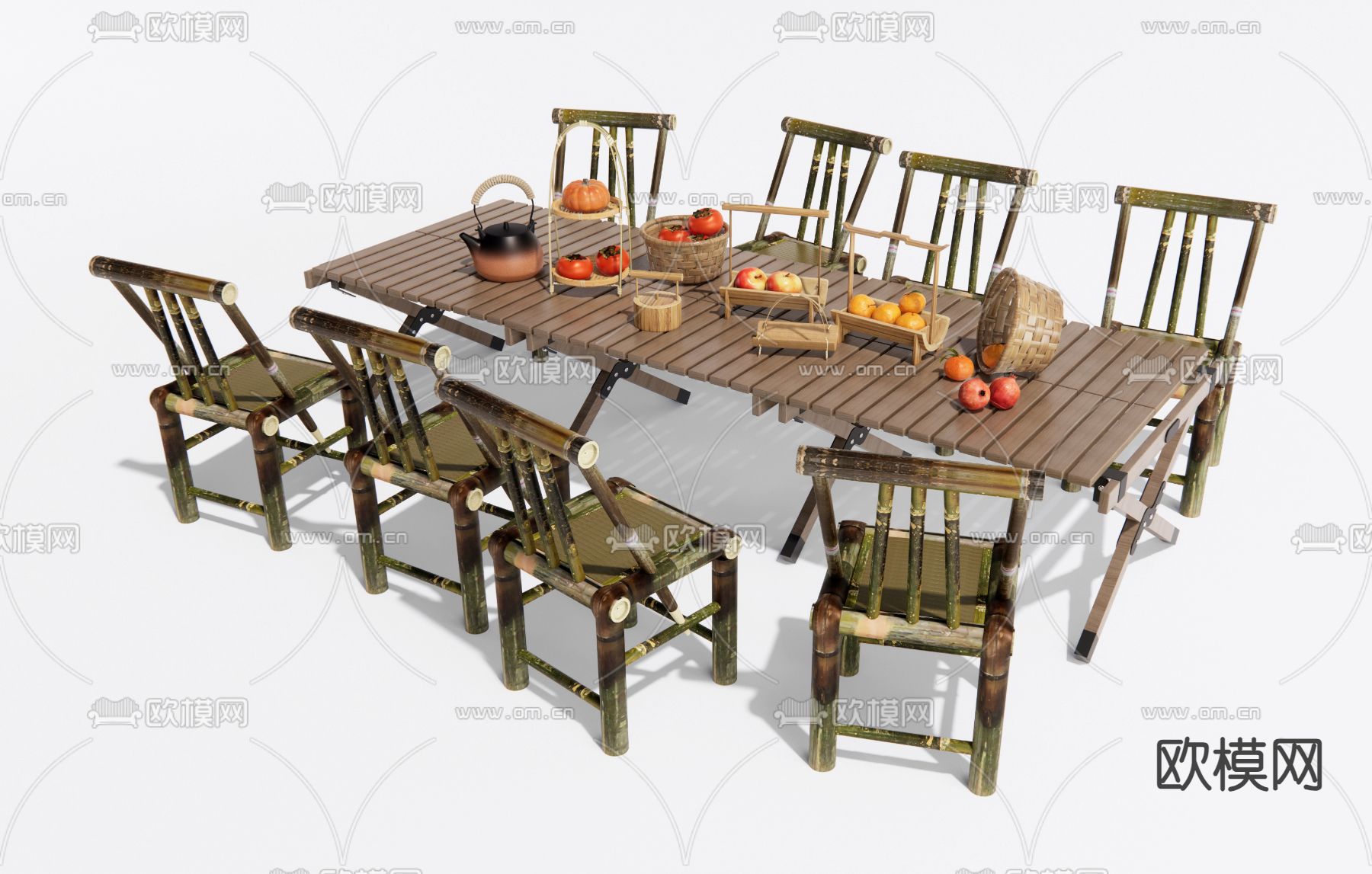 中式户外桌椅 围炉煮茶su模型下载（渲染图2）