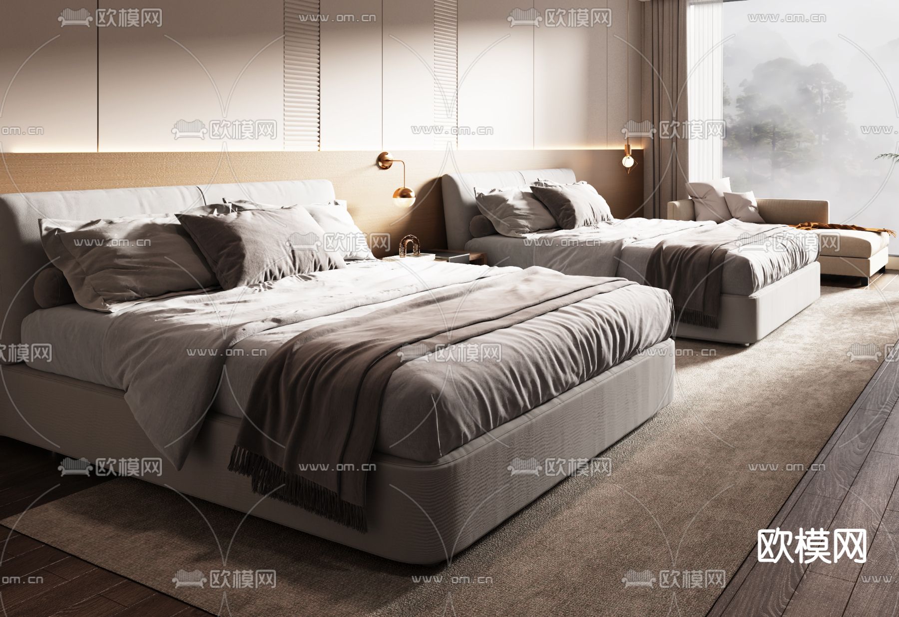 现代酒店客房 双床房3d模型下载（渲染图2）