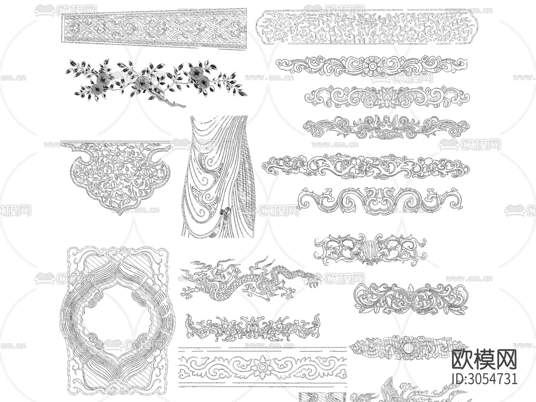 超全中式传统元素花纹雕花图案cad图库下载（渲染图9）