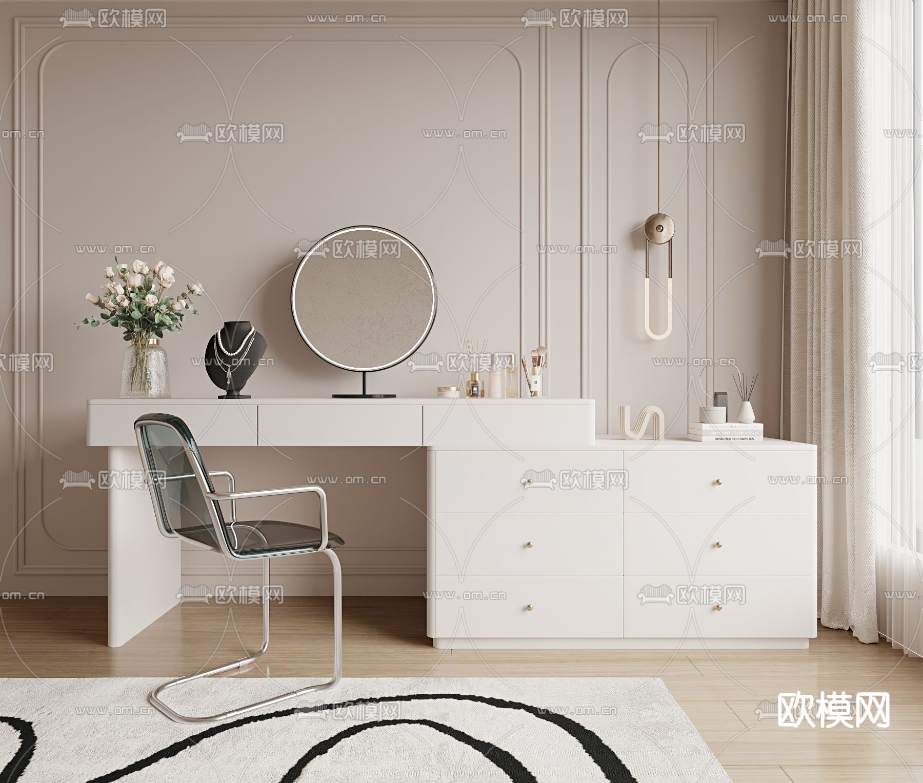 奶油风梳妆台 化妆桌3d模型下载