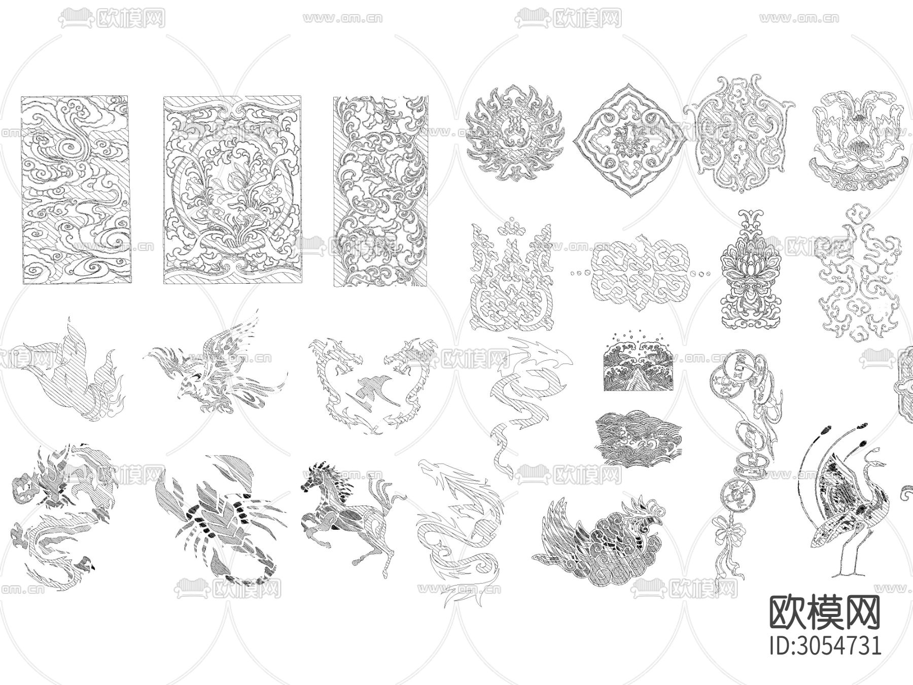 超全中式传统元素花纹雕花图案cad图库下载（渲染图2）