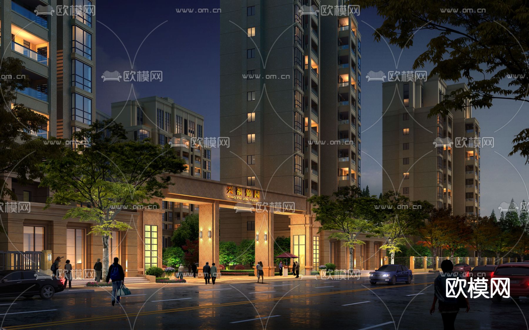 简欧商业街 门头夜景psd下载