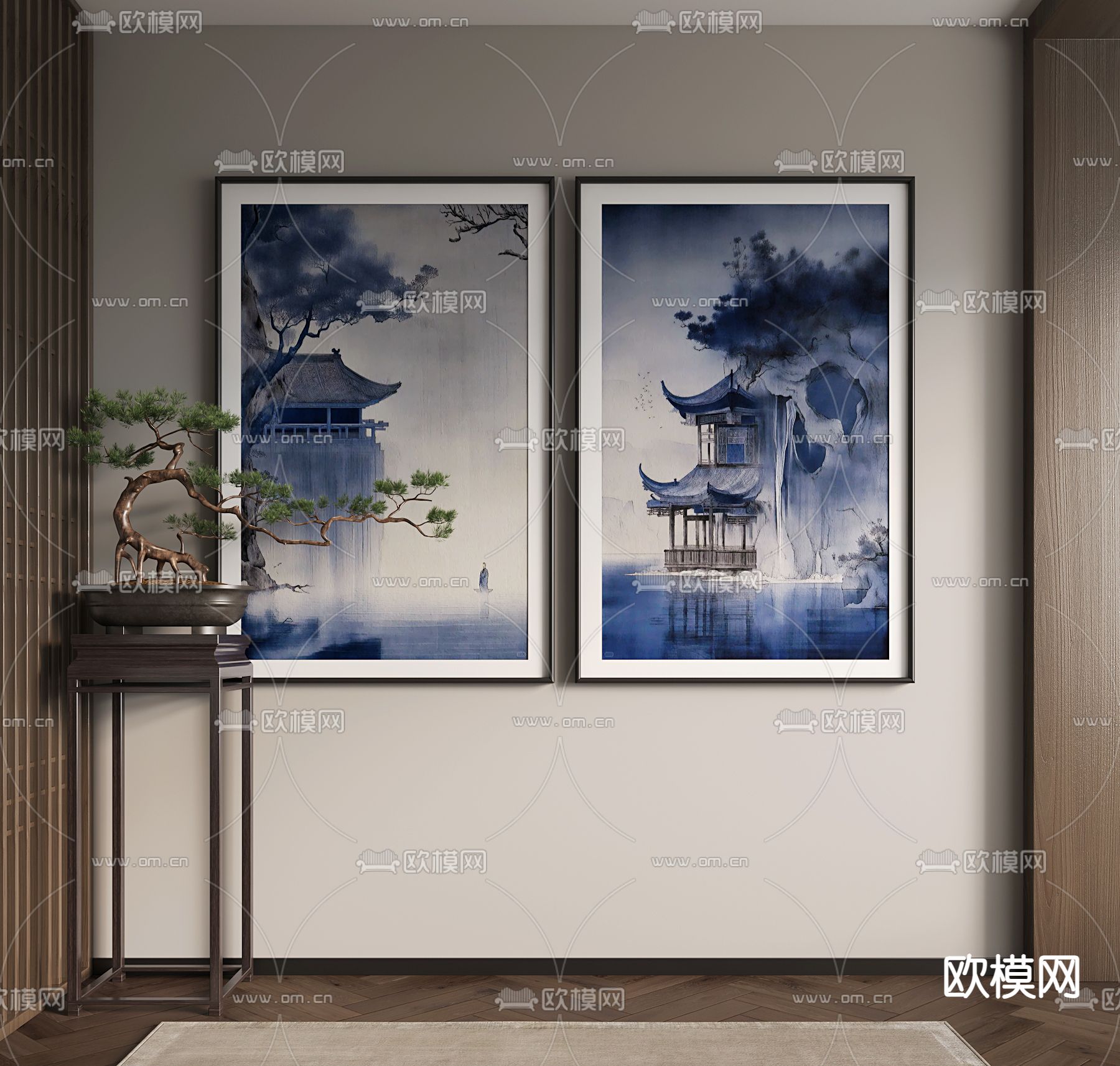 新中式挂画 装饰画su模型下载（渲染图2）