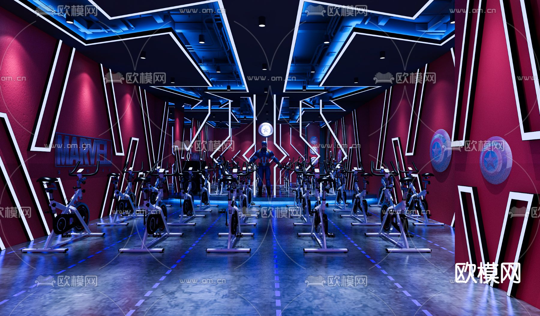 工业风健身房 动感单车su模型下载（渲染图2）