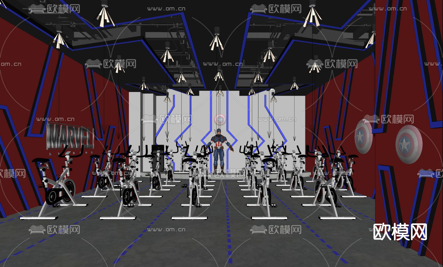 工业风健身房 动感单车su模型下载（渲染图1）