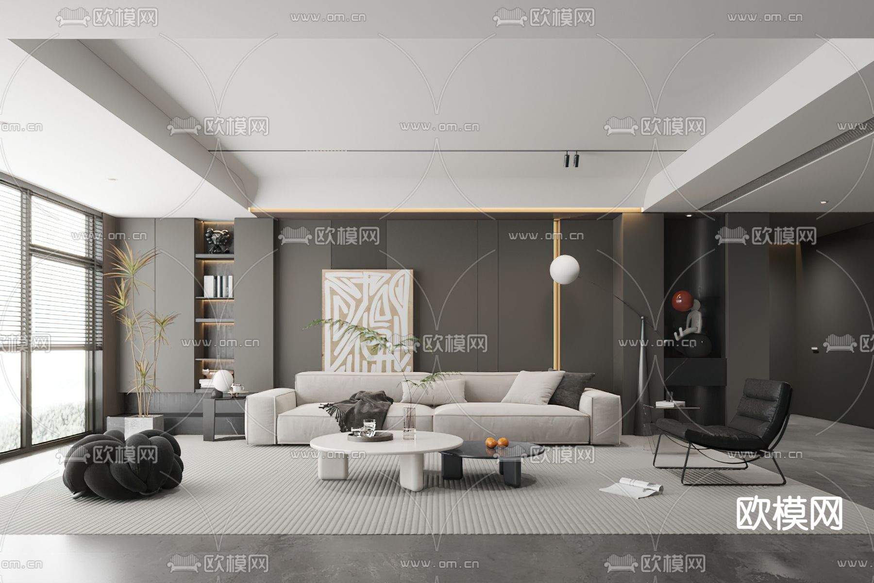 高级灰客厅3d模型下载