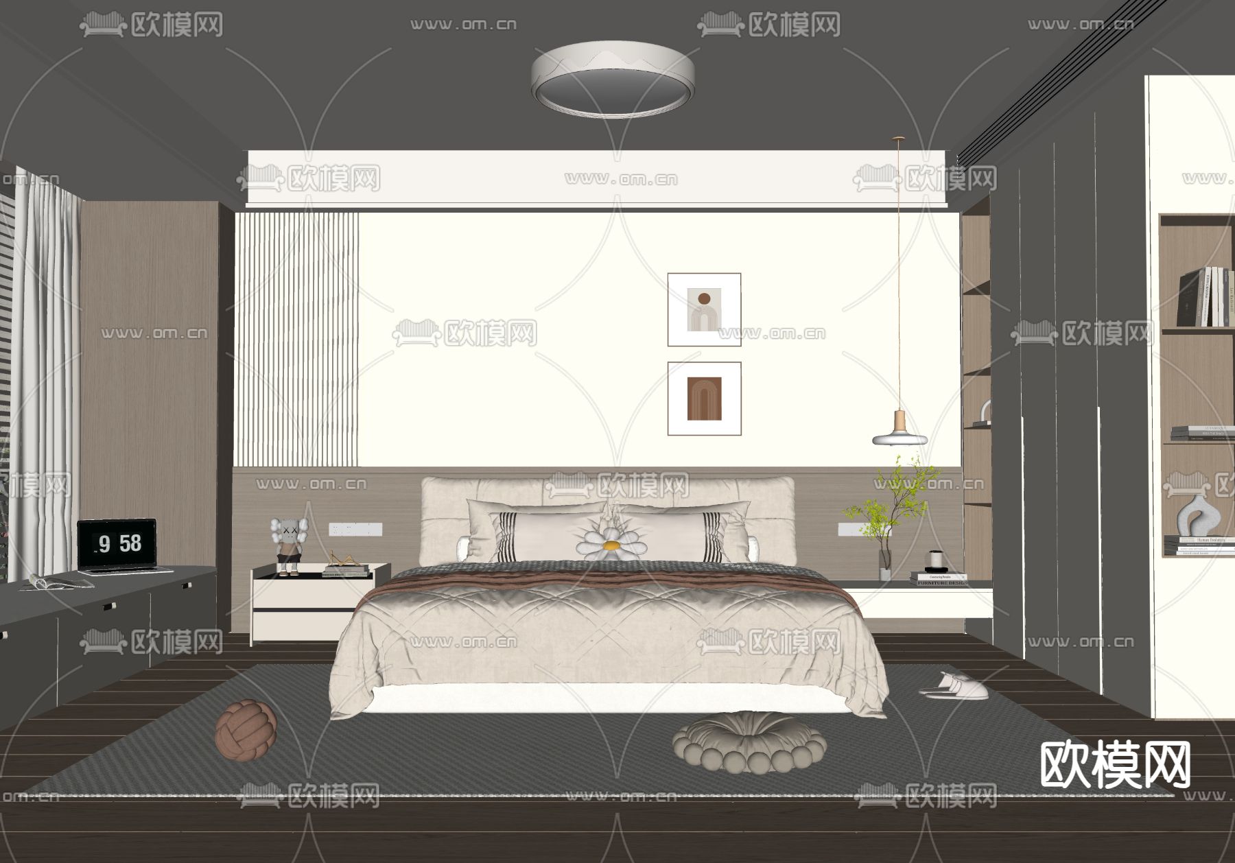 奶油风卧室su模型下载（渲染图1）