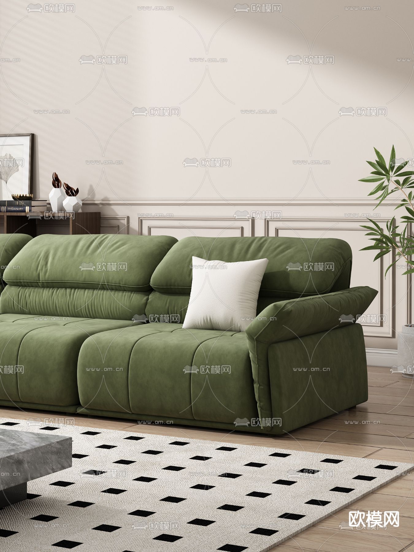 绿色沙发 多人沙发 三人沙发3d模型下载（渲染图2）