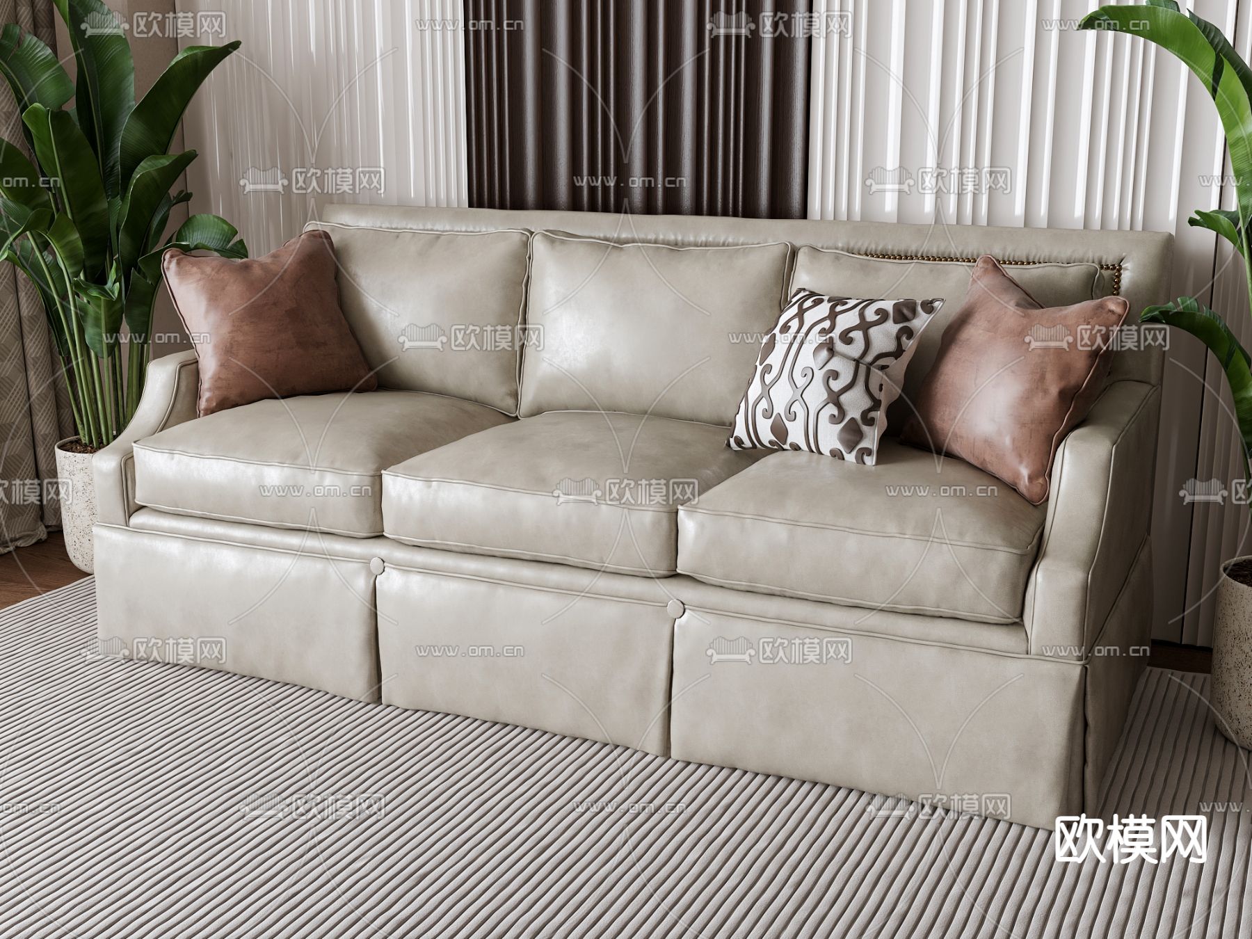 简欧皮革沙发 多人沙发 三人沙发3d模型下载
