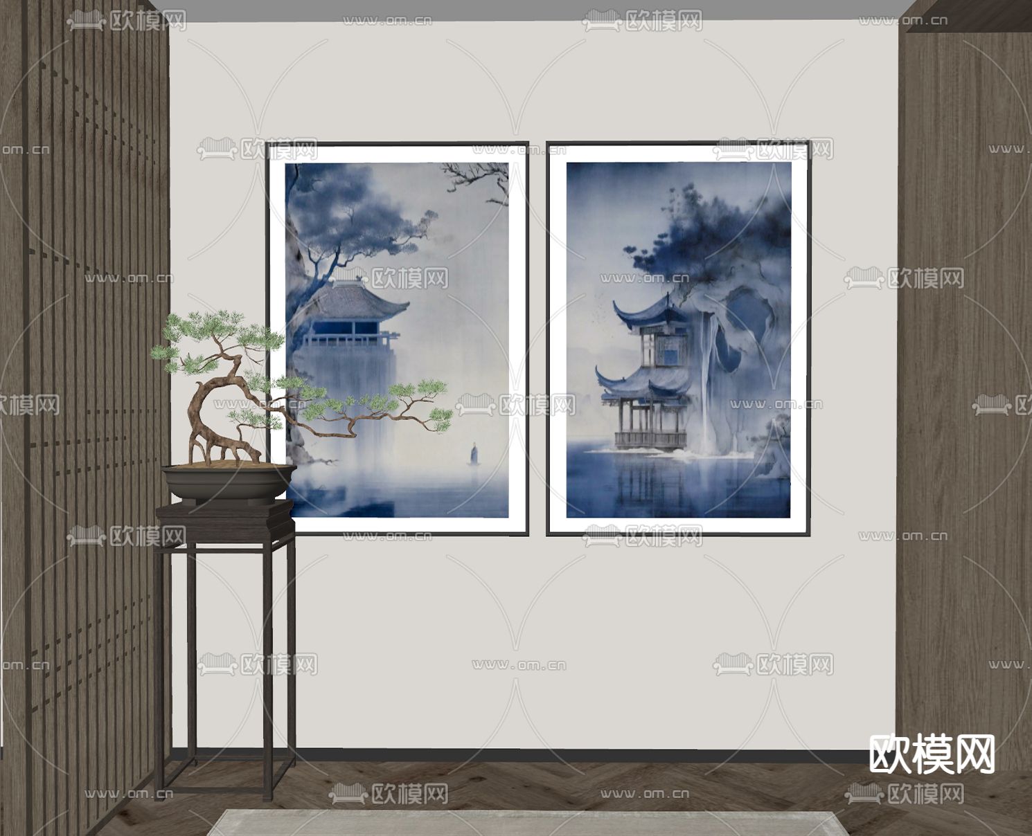 新中式挂画 装饰画su模型下载（渲染图1）