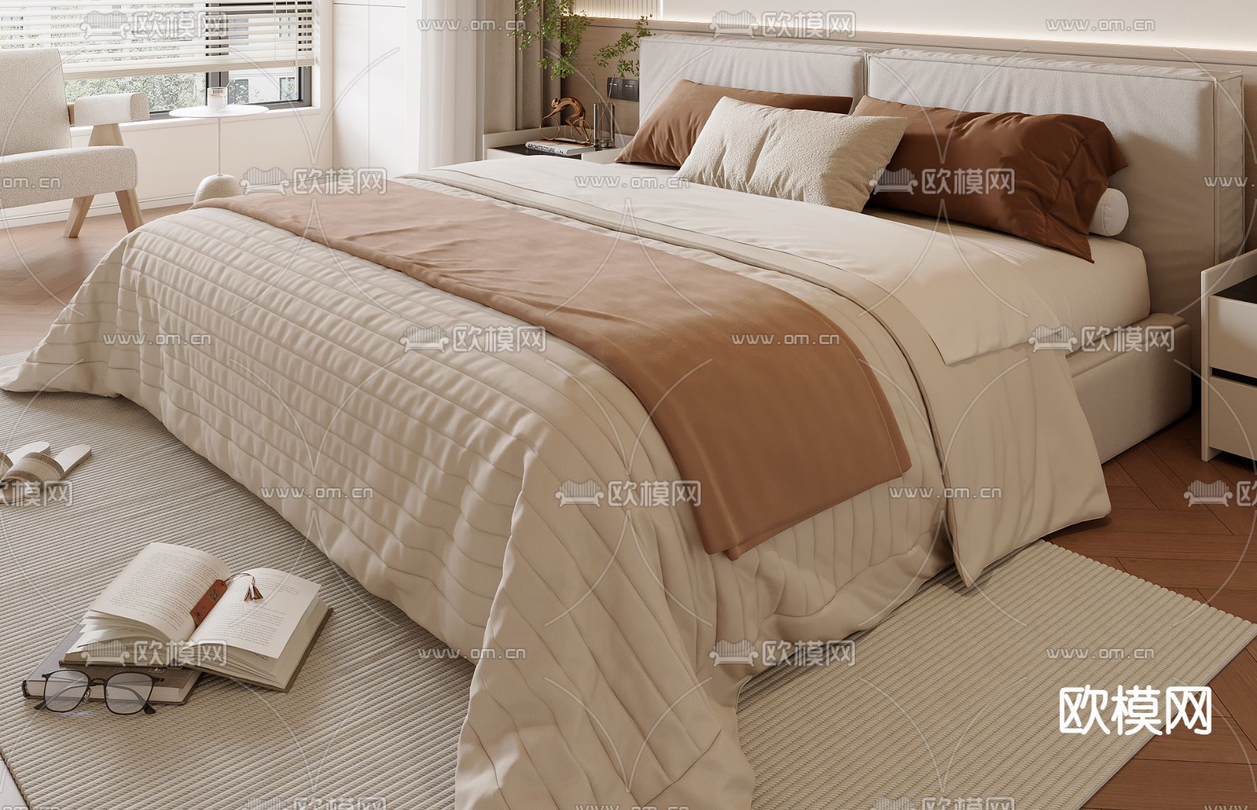 奶油风双人床su模型下载（渲染图2）