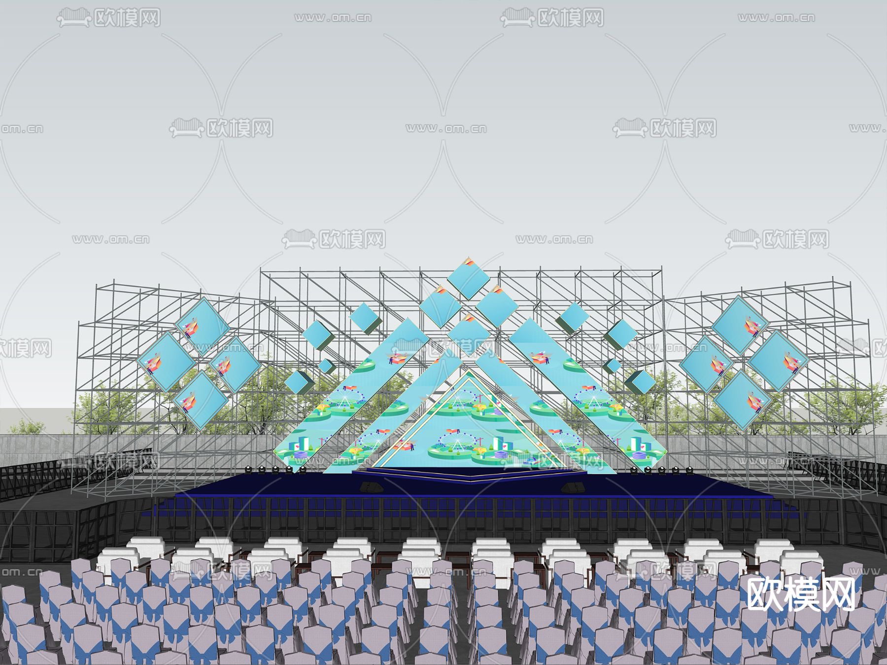 现代户外舞台 电音舞台su模型