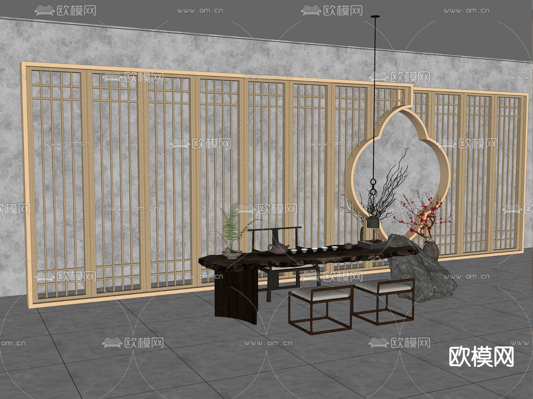 新中式隔断 格栅 屏风su模型