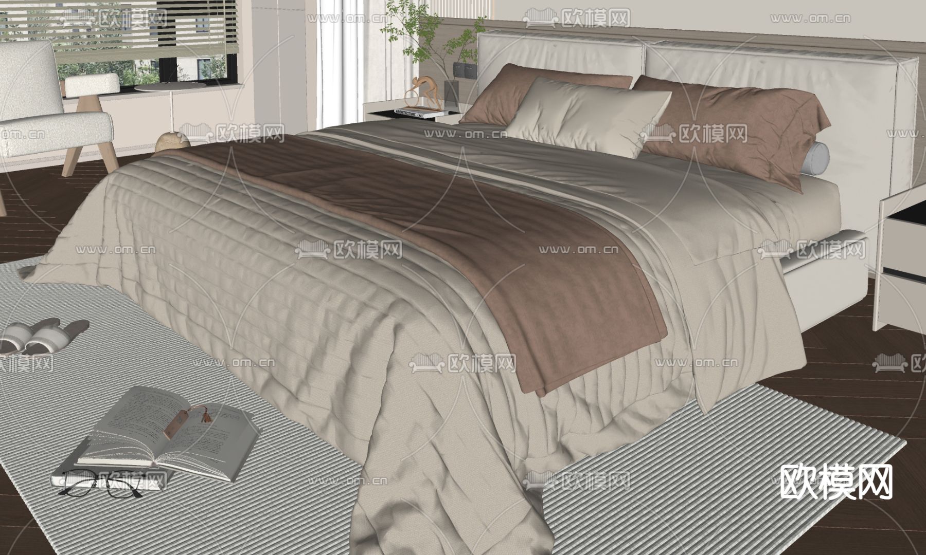 奶油风双人床su模型下载（渲染图1）