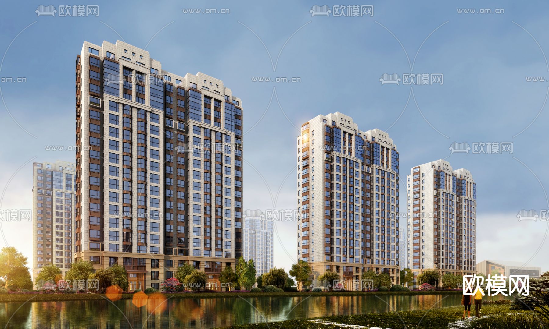 住宅楼外观 沿河景观3d模型下载