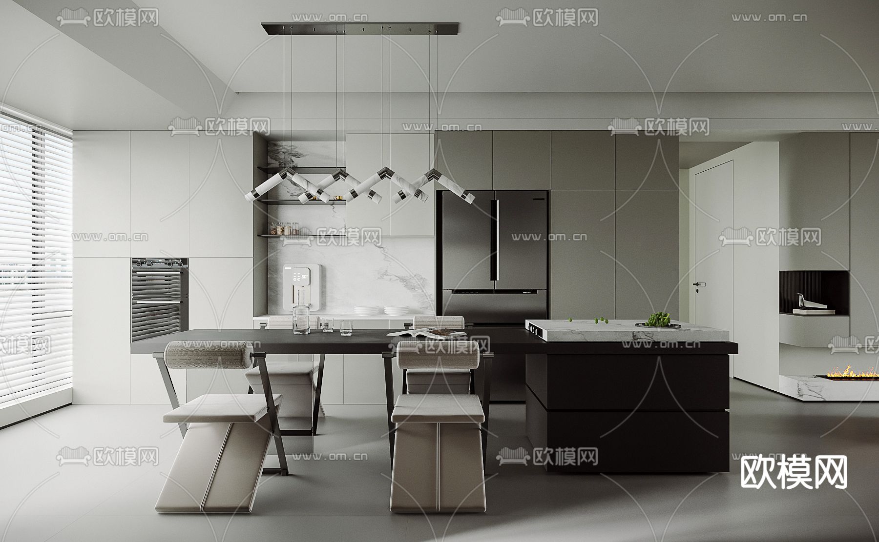 高级灰餐厅 中岛餐桌3d模型下载