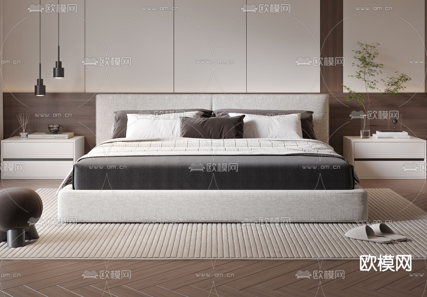 现代双人床su模型下载（渲染图2）