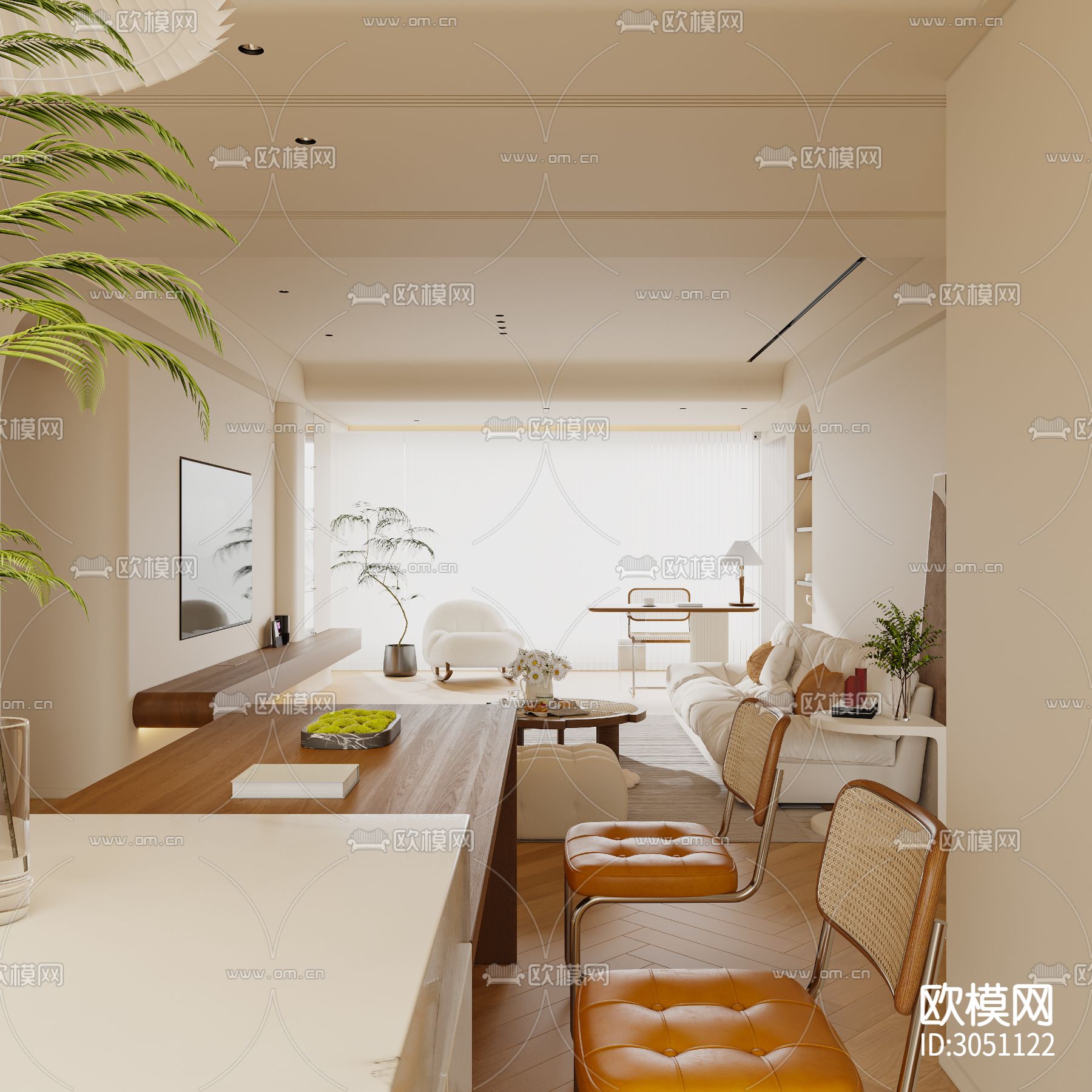 奶油风客厅 平层客餐厅效果图下载（渲染图12）