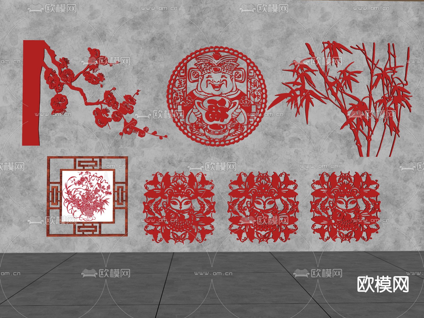 中式剪纸 装饰挂画 墙饰挂件su模型