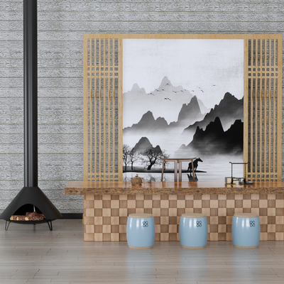 现代壁炉 茶桌椅su模型