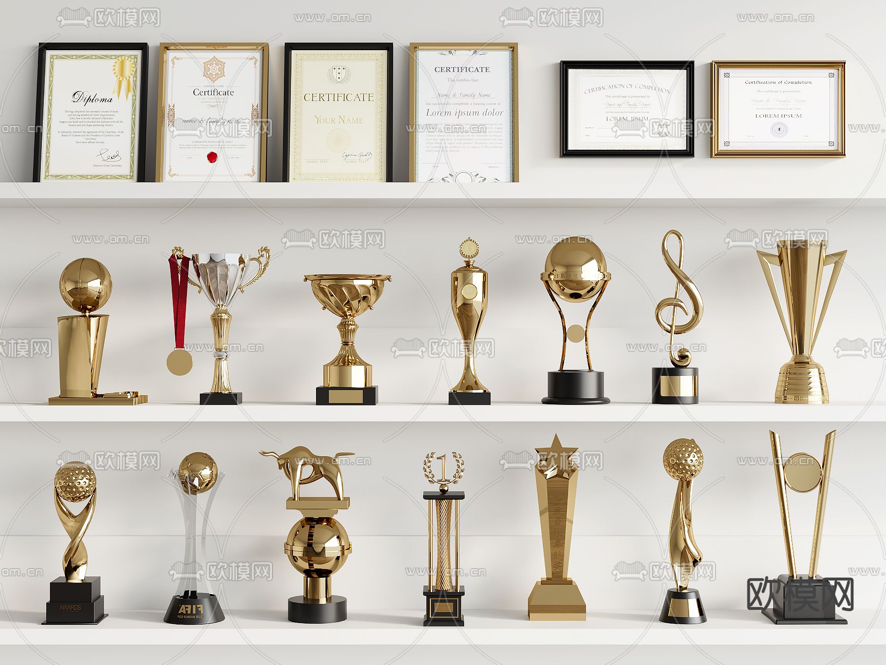 现代奖杯 荣誉证书su模型下载（渲染图2）