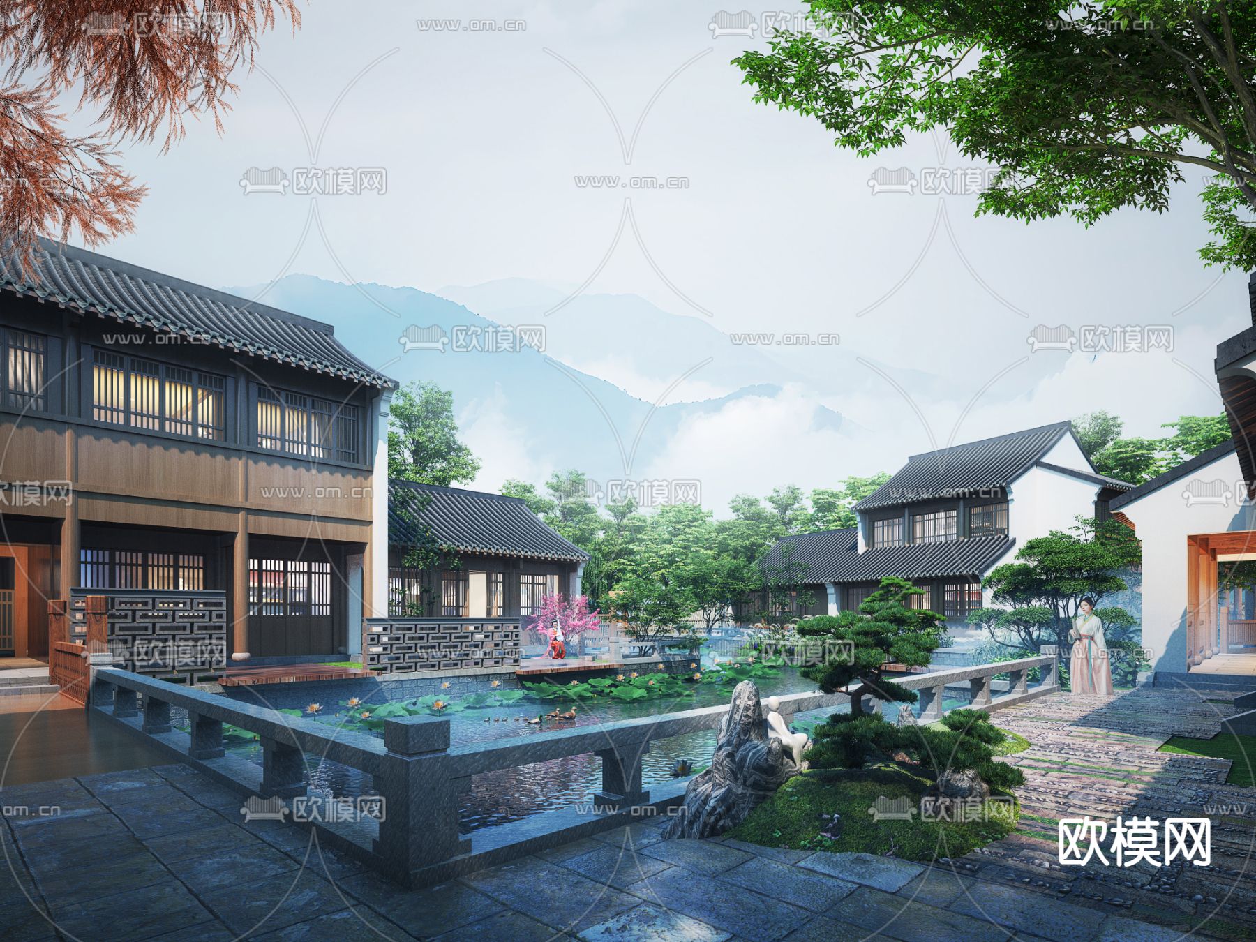 新中式古建 湿地公园3d模型下载