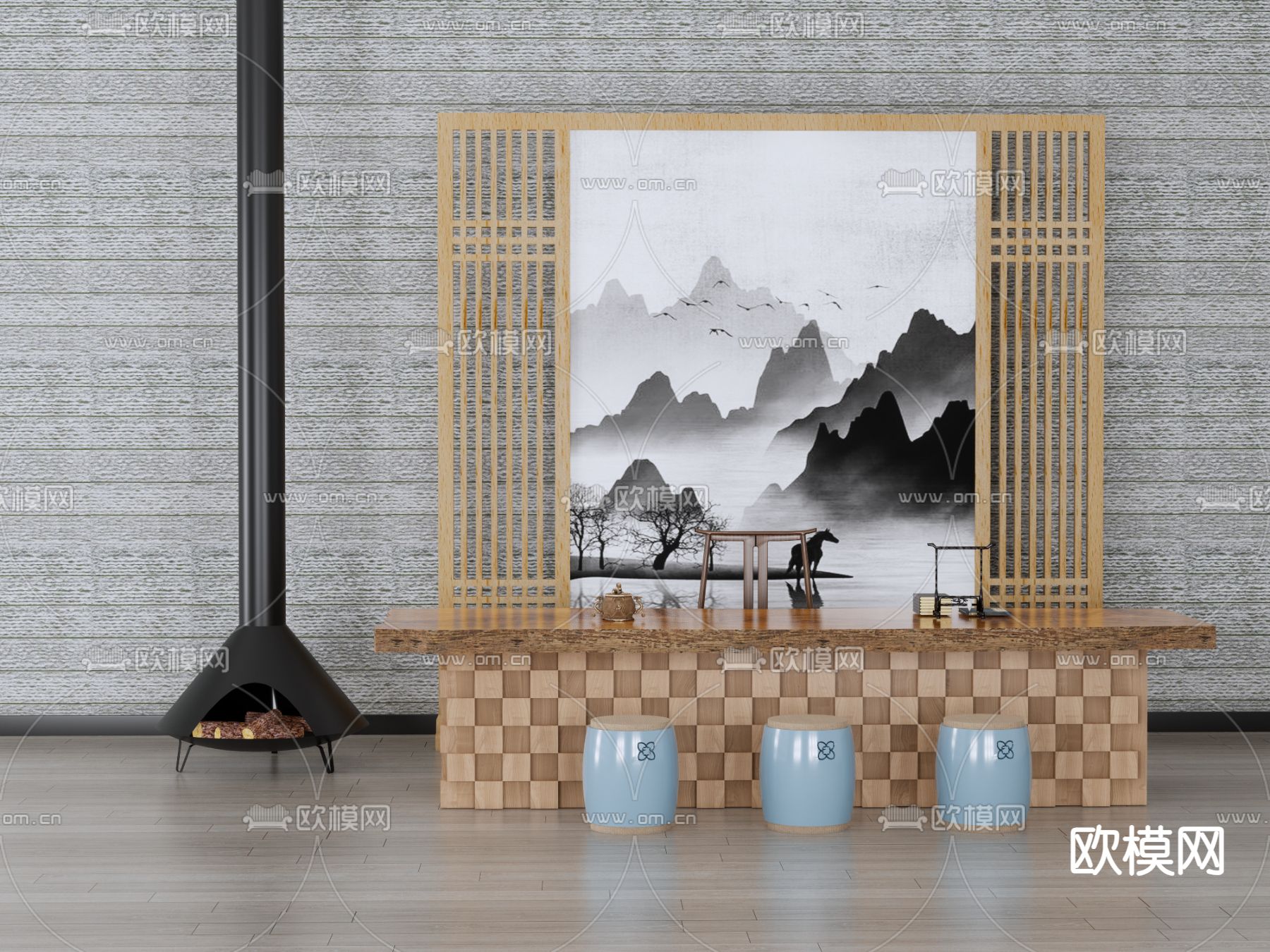 现代壁炉 茶桌椅su模型