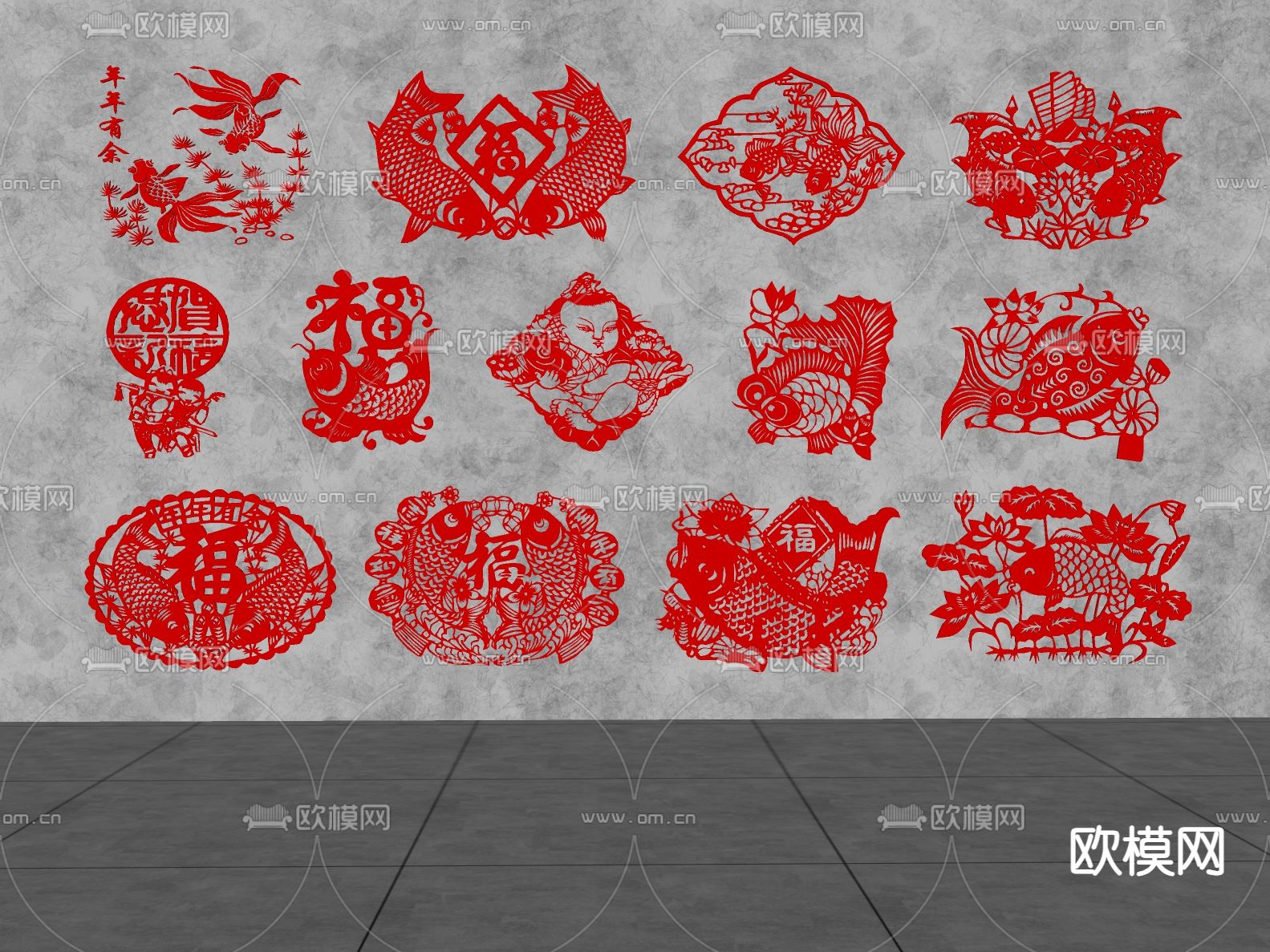 中式剪纸 装饰挂画 墙饰挂件su模型