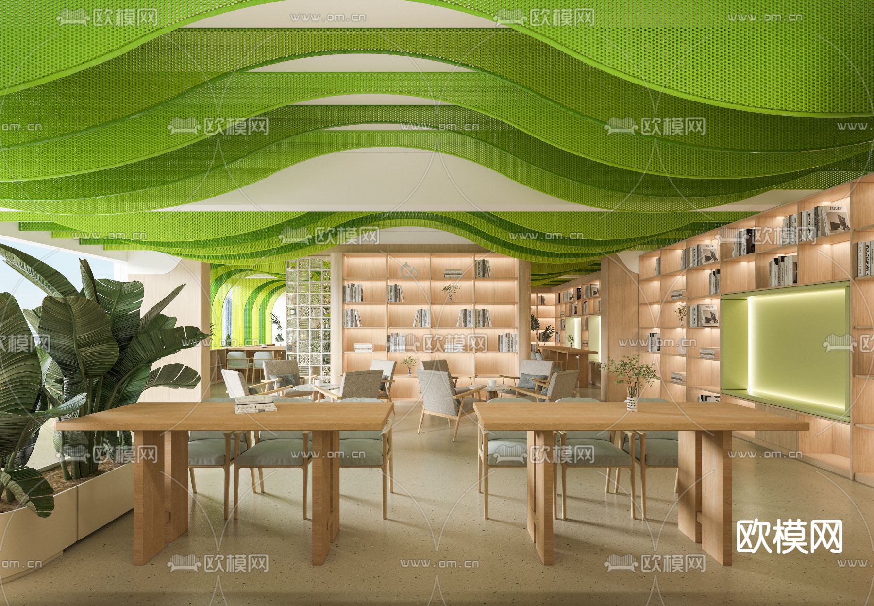 现代书吧 图书馆3d模型下载（渲染图1）